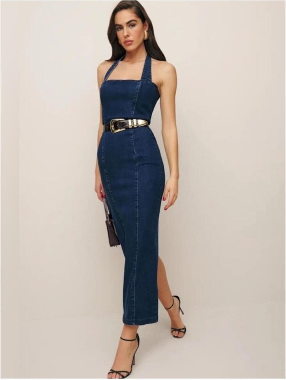 Reformation Evita Denim Halter Long Maxi Dress Vermilion Size 12 NWT